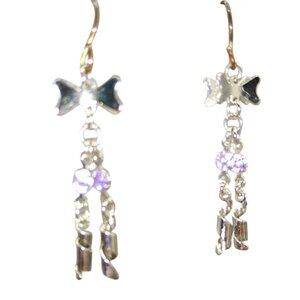 Silver Tone Ribbons and Bows Earrings, Vintage Dangle Drop Baby Blue Crystals